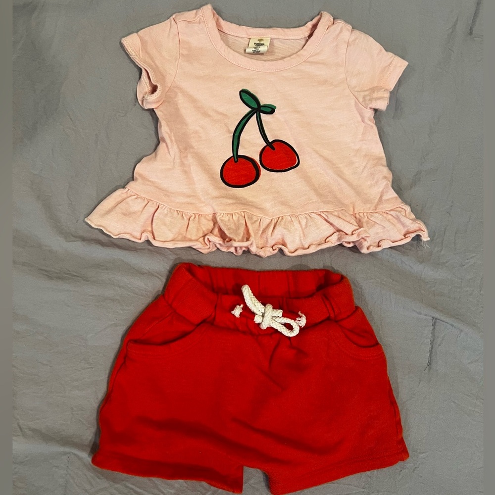 Tucker and Tate Baby Girl 3m pink cherry ruffle shirt and red drawstring shorts
